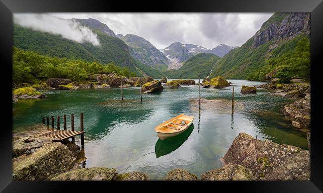 Boat in a lake close to  Buerbreen Glacier, Norway Framed Print by Pere Sanz