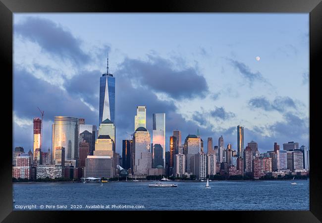 Lower Manhattan Skyline and moon rising at blue ho Framed Print by Pere Sanz