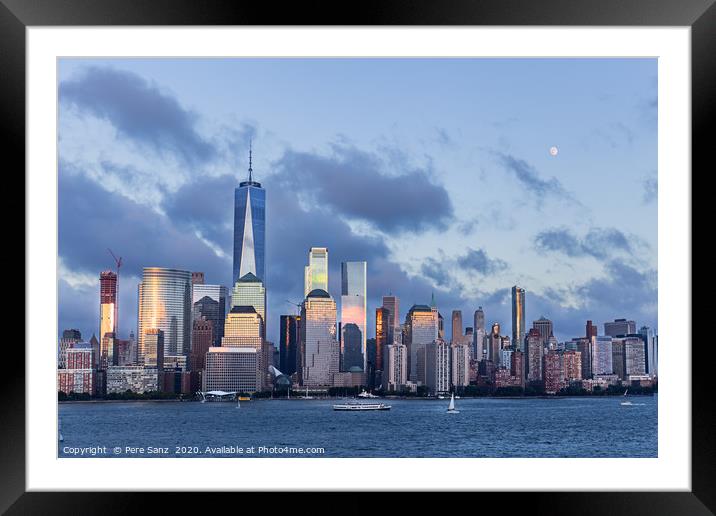 Lower Manhattan Skyline and moon rising at blue ho Framed Mounted Print by Pere Sanz