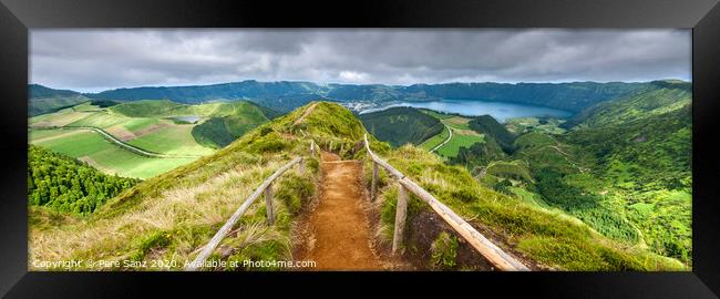 Walking path leading to a view on the lakes of Sete Cidades and Santiago in Sao Miguel, Azores Framed Print by Pere Sanz