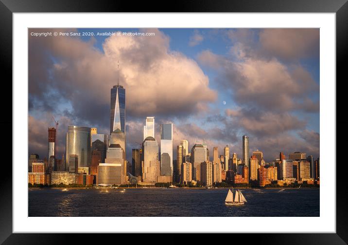 Lower Manhattan Skyline and moon rising at Golden Hour, NYC, USA Framed Mounted Print by Pere Sanz