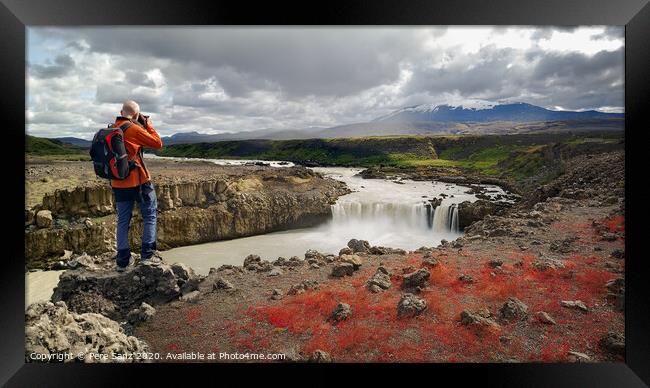 Landscape Photographer Capturing an Image of Thjofafoss Waterfall with Hekla Volcano on Top, Iceland Framed Print by Pere Sanz