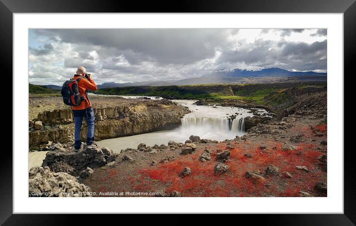 Landscape Photographer Capturing an Image of Thjofafoss Waterfall with Hekla Volcano on Top, Iceland Framed Mounted Print by Pere Sanz