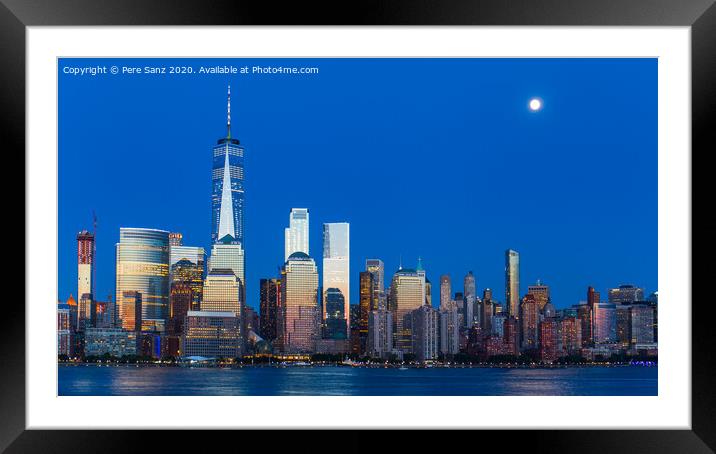 Lower Manhattan Skyline and moon rising at blue hour, NYC, USA Framed Mounted Print by Pere Sanz