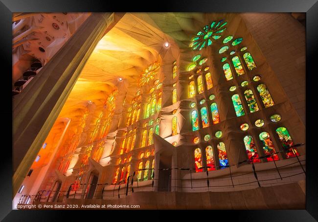 The interior of Sagrada Familia, the cathedral designed by Gaudi in Barcelona, Catalonia Framed Print by Pere Sanz