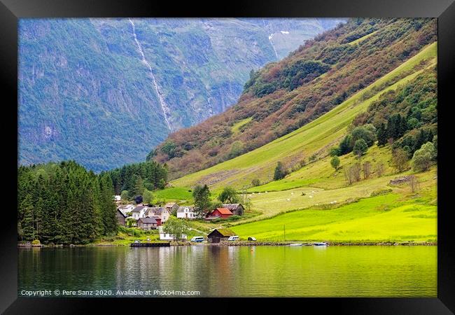 Small village at the banks of the Aurlandsfjord in Norway Framed Print by Pere Sanz