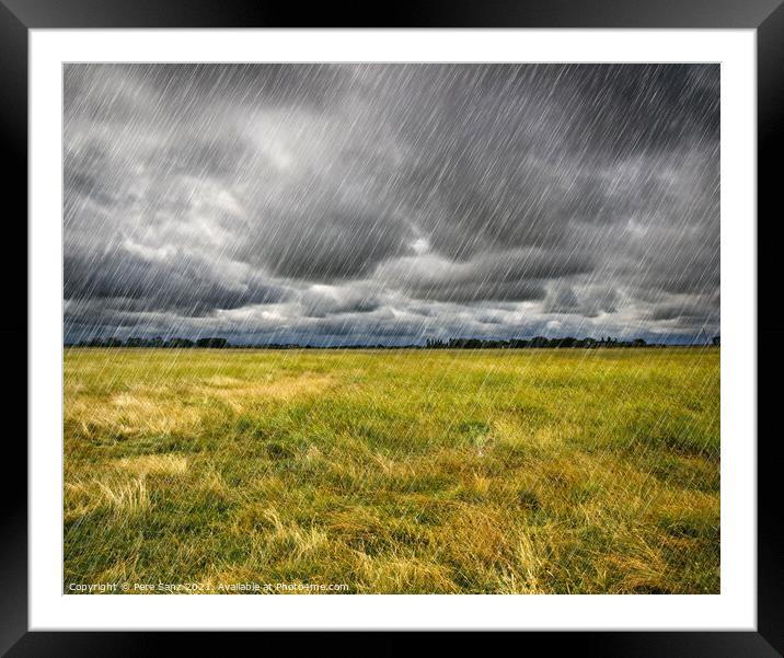 Heavy Rain over a prairie in Brittany, France Framed Mounted Print by Pere Sanz
