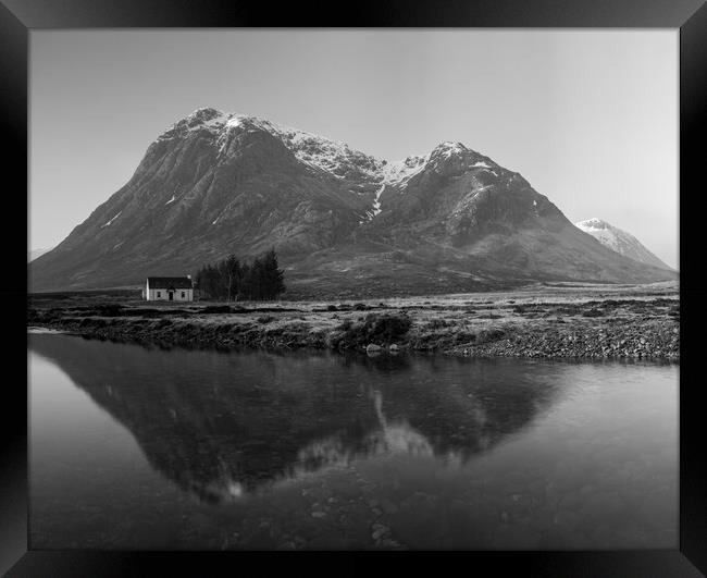 Lagangarbh Hut under a reflected Buachaille Etive  Framed Print by Kevin Winter