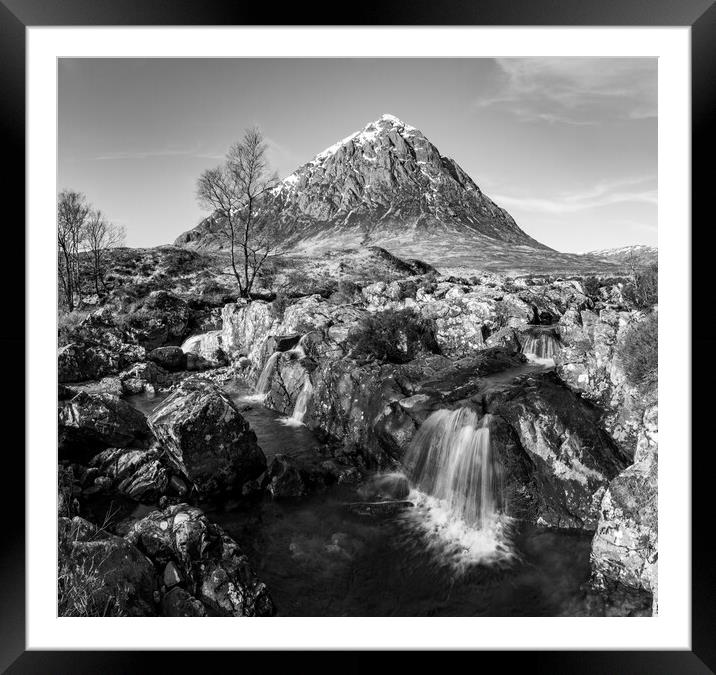 Buachaille Etive Mòr Waterfall Black and White Framed Mounted Print by Kevin Winter