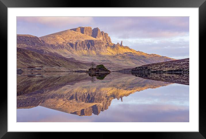The old man of storr reflected in loch fada at Sun Framed Mounted Print by Kevin Winter