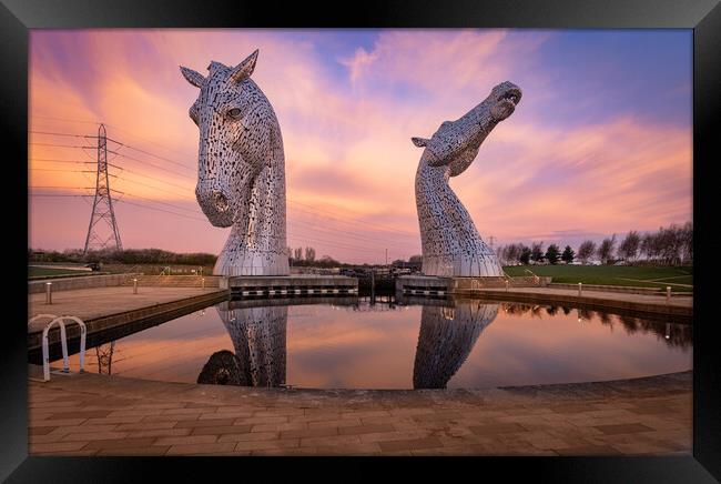 Mirror reflections of the Kelpies at sunrise Framed Print by Kevin Winter