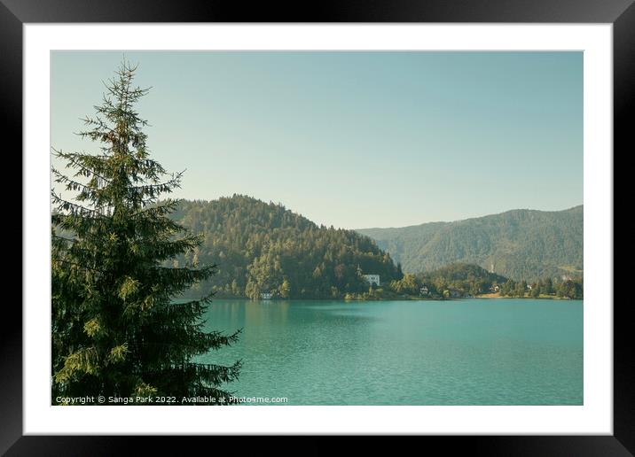 Lake Bled and mountains in Slovenia Framed Mounted Print by Sanga Park