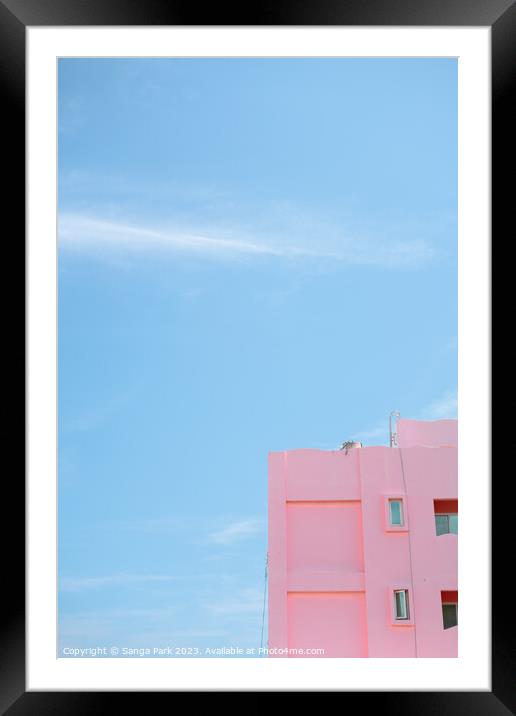 Pink minimal building with blue sky Framed Mounted Print by Sanga Park