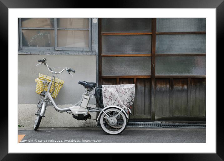 Bicycle and Japanese old house Framed Mounted Print by Sanga Park