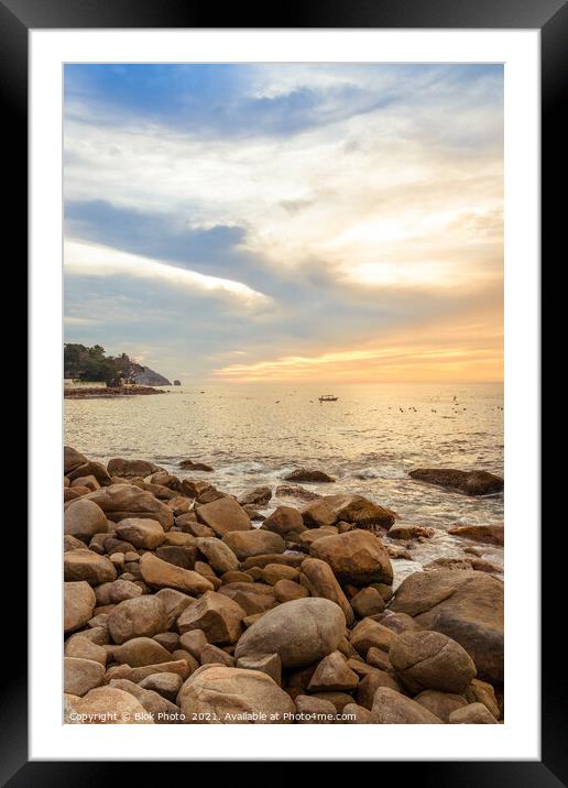 Dramatic Setting Sun and Rocky Shore  Framed Mounted Print by Blok Photo 