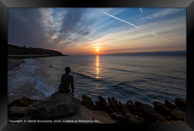 Alone, The Mermaid watches the Sunrise Framed Print by Alistair Duncombe