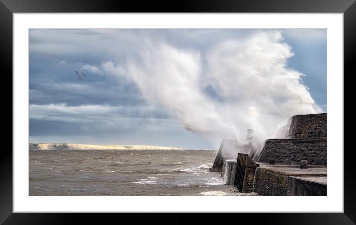Porthcawl Lighthouse during Storm Framed Mounted Print by Roger Daniel