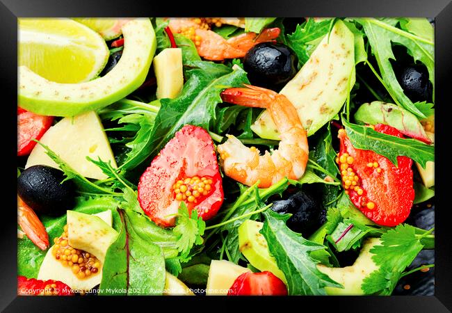 Summer salad with shrimps and strawberries,close up Framed Print by Mykola Lunov Mykola