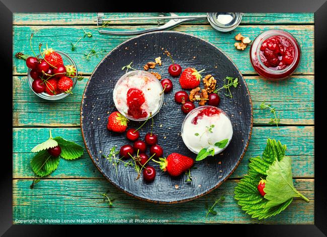 Tasty ice cream with berries and jam,rustic wooden background Framed Print by Mykola Lunov Mykola