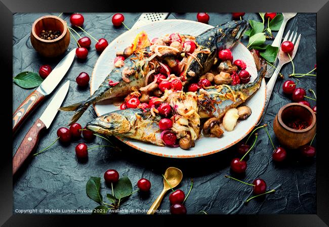 Baked mackerel stuffed with cherries Framed Print by Mykola Lunov Mykola