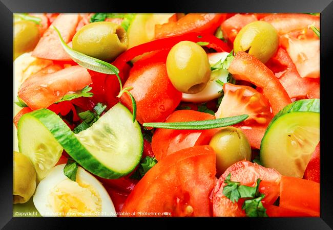 Salad with vegetables, olives, eggs and rosemary Framed Print by Mykola Lunov Mykola