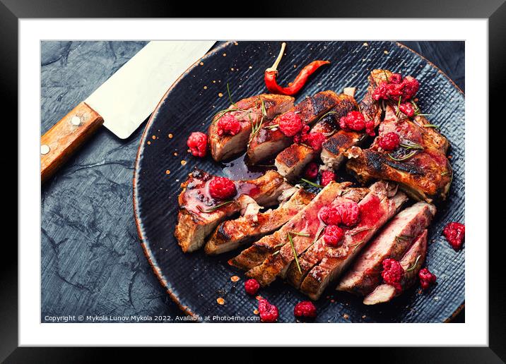 Fried steak with raspberry sauce Framed Mounted Print by Mykola Lunov Mykola