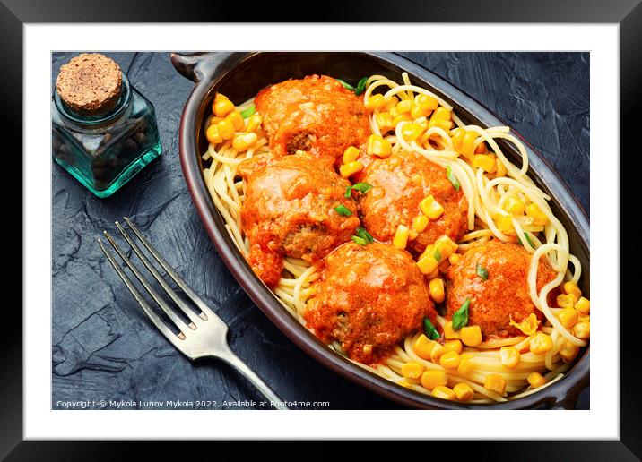 Veggie meatball with meat free and pasta. Framed Mounted Print by Mykola Lunov Mykola