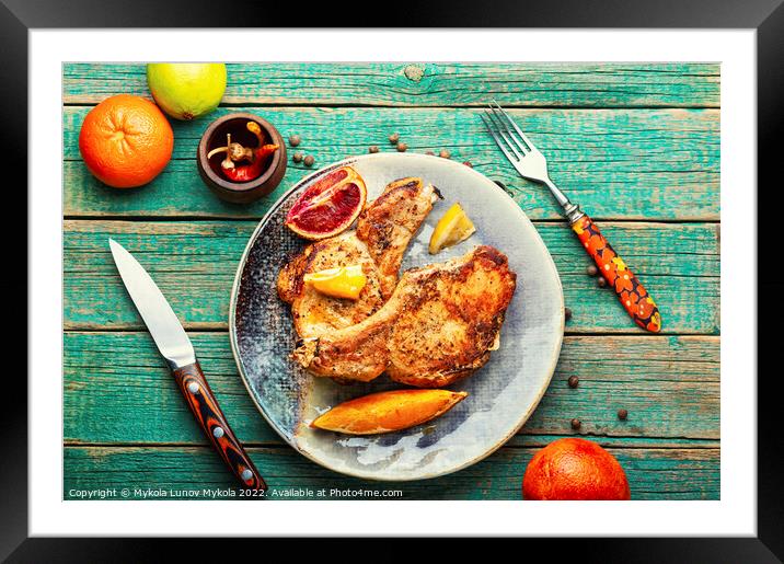 Meat steak fried in fruits, bbq Framed Mounted Print by Mykola Lunov Mykola