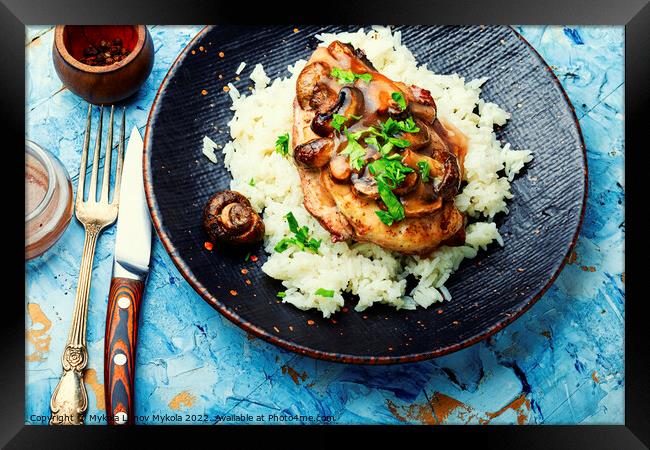 Chicken meat with mushroom sauce and rice Framed Print by Mykola Lunov Mykola