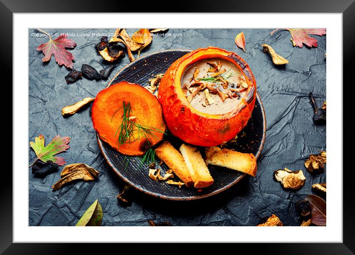 Mushroom soup in pumpkin Framed Mounted Print by Mykola Lunov Mykola