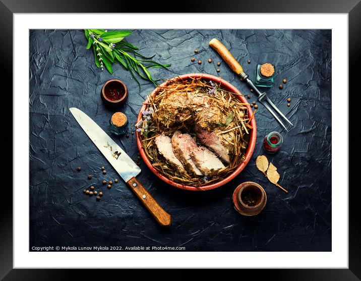 Roast pork in hay with herbs Framed Mounted Print by Mykola Lunov Mykola