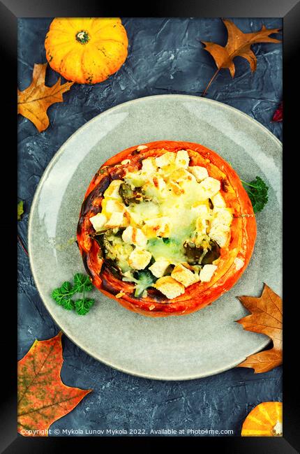 Stuffed baked pumpkin filled with cheese and vegetables. Framed Print by Mykola Lunov Mykola