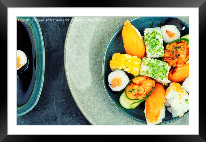 Variety of fresh Japanese sushi Framed Mounted Print by Mykola Lunov Mykola