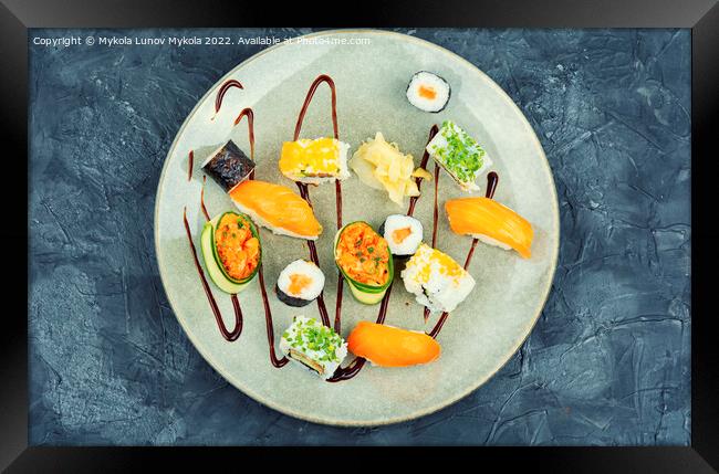 Set of oriental sushi roll, top view Framed Print by Mykola Lunov Mykola
