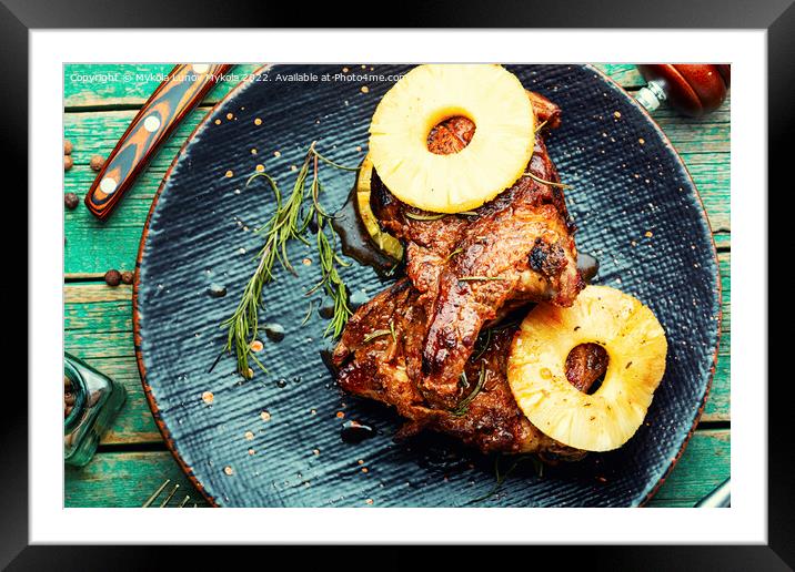 Meat chop served with pineapple Framed Mounted Print by Mykola Lunov Mykola