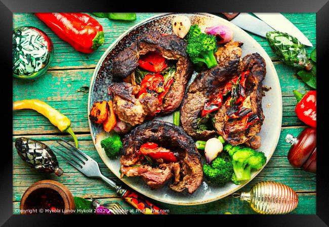 Grilled meat with vegetables. Framed Print by Mykola Lunov Mykola