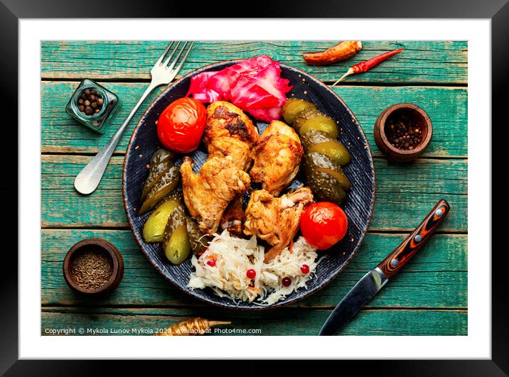 Roasted chicken meat and pickles vegetables Framed Mounted Print by Mykola Lunov Mykola