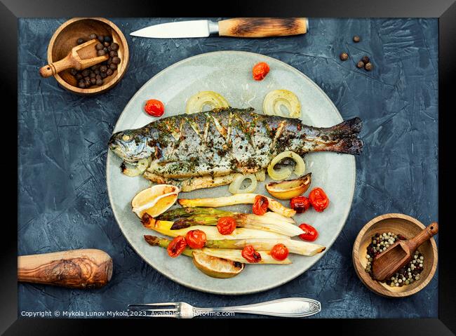 Grilled salmon with asparagus on plate Framed Print by Mykola Lunov Mykola