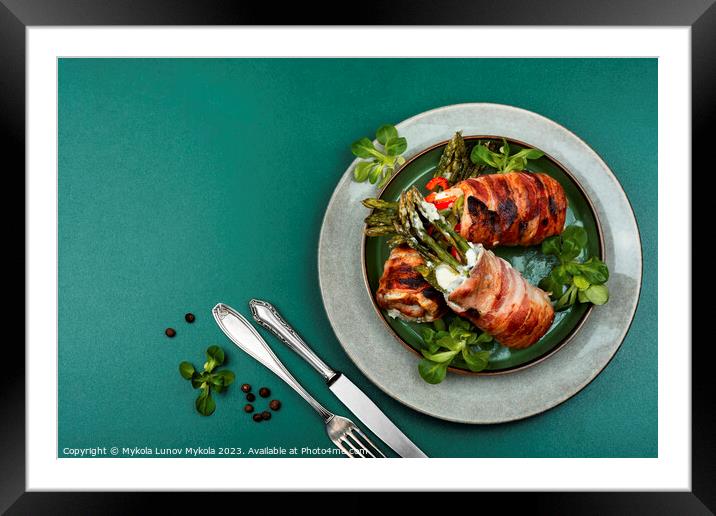 Bacon meat roll stuffed with asparagus. Framed Mounted Print by Mykola Lunov Mykola