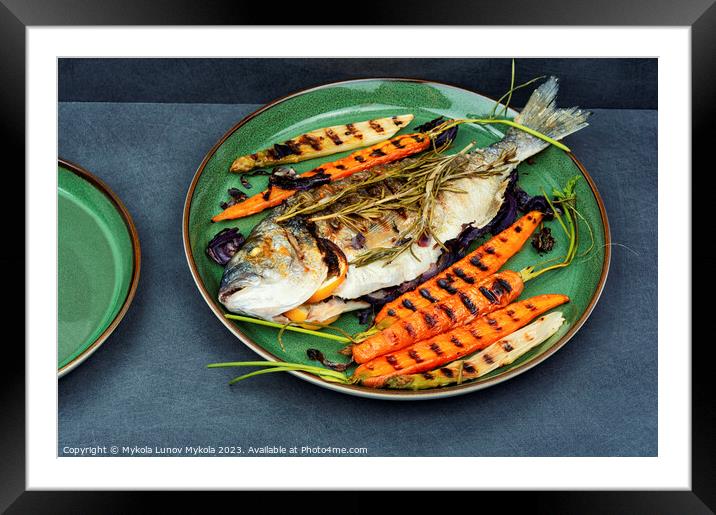 Roasted dorado fish on a plate Framed Mounted Print by Mykola Lunov Mykola