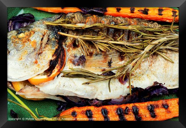 Dorado grill on a plate, bbq fish Framed Print by Mykola Lunov Mykola