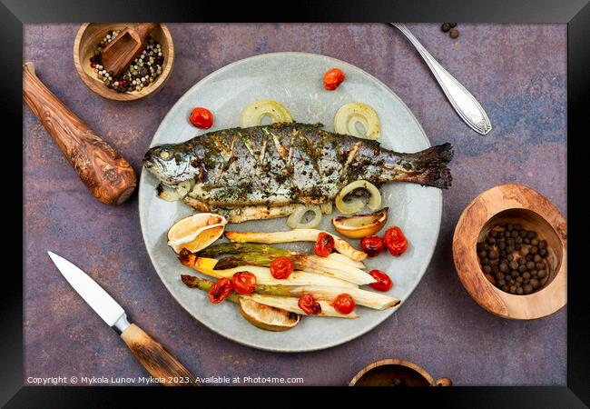 Trout baked with white asparagus Framed Print by Mykola Lunov Mykola