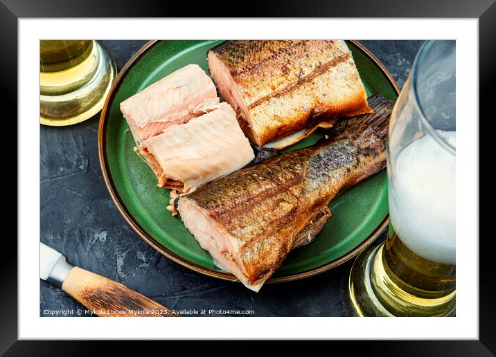 Smoked trout salmon and beer. Framed Mounted Print by Mykola Lunov Mykola