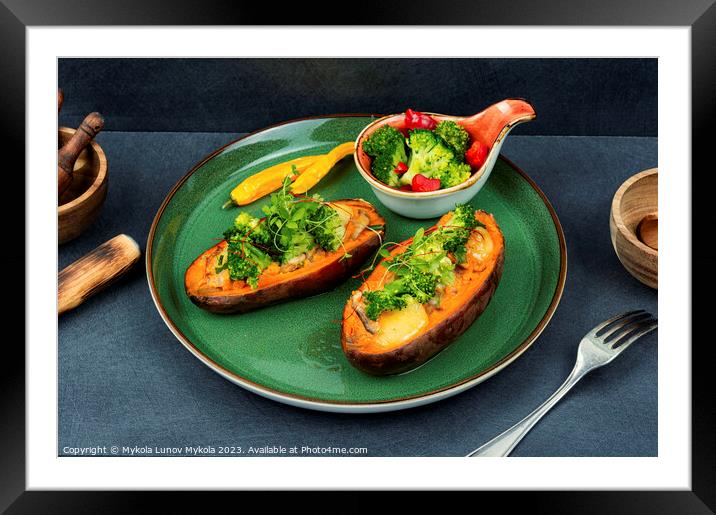 Baked sweet potato, yam with vegetable filling. Framed Mounted Print by Mykola Lunov Mykola