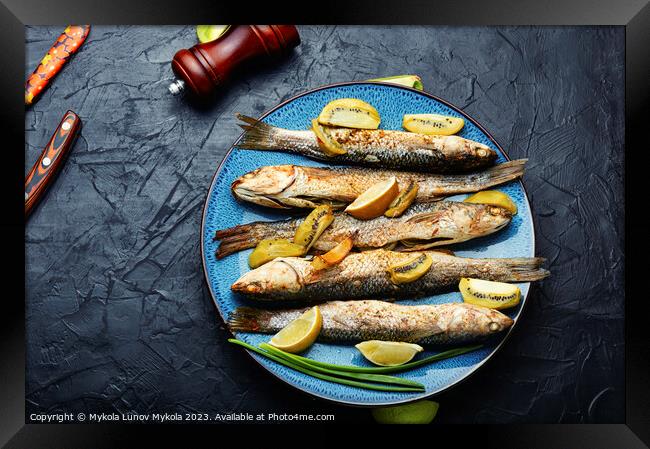 Fried whole fish with kiwi and lime. Framed Print by Mykola Lunov Mykola
