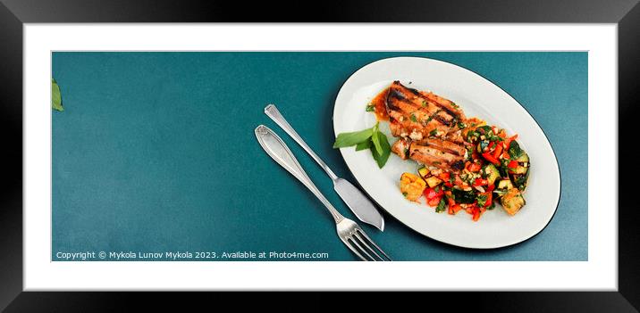 Plate of tuna grilled steak with salad Framed Mounted Print by Mykola Lunov Mykola