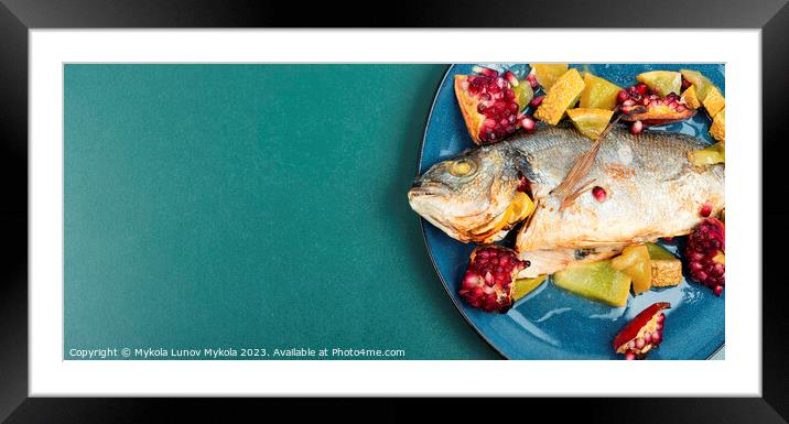 Dorado fish cooked with melon, copy space. Framed Mounted Print by Mykola Lunov Mykola