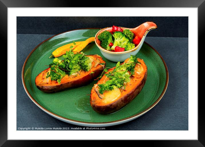 Baked sweet potato with vegetable filling. Framed Mounted Print by Mykola Lunov Mykola