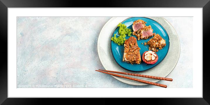 Tuna steak fried with mangosteens. Framed Mounted Print by Mykola Lunov Mykola