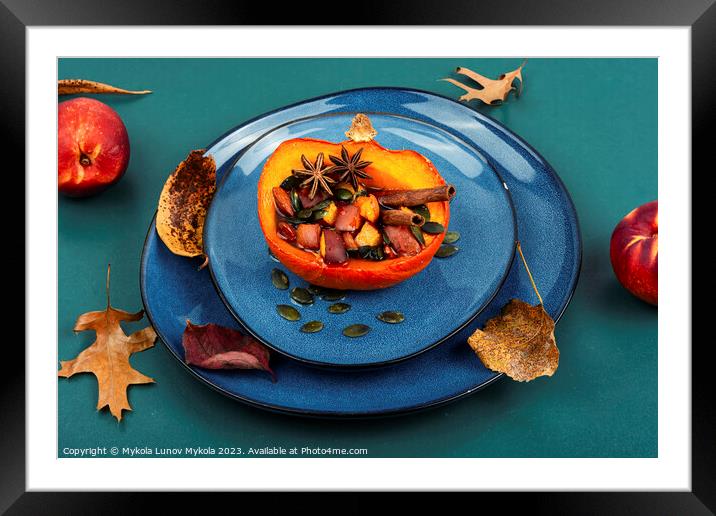 Baked pumpkin or squash with fruits and spices. Framed Mounted Print by Mykola Lunov Mykola